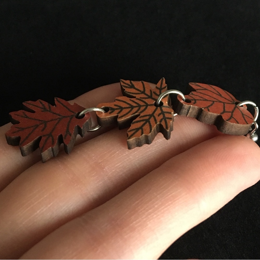 Autumn Wooden Leaf Dangle Earrings - Picture 4 of 6